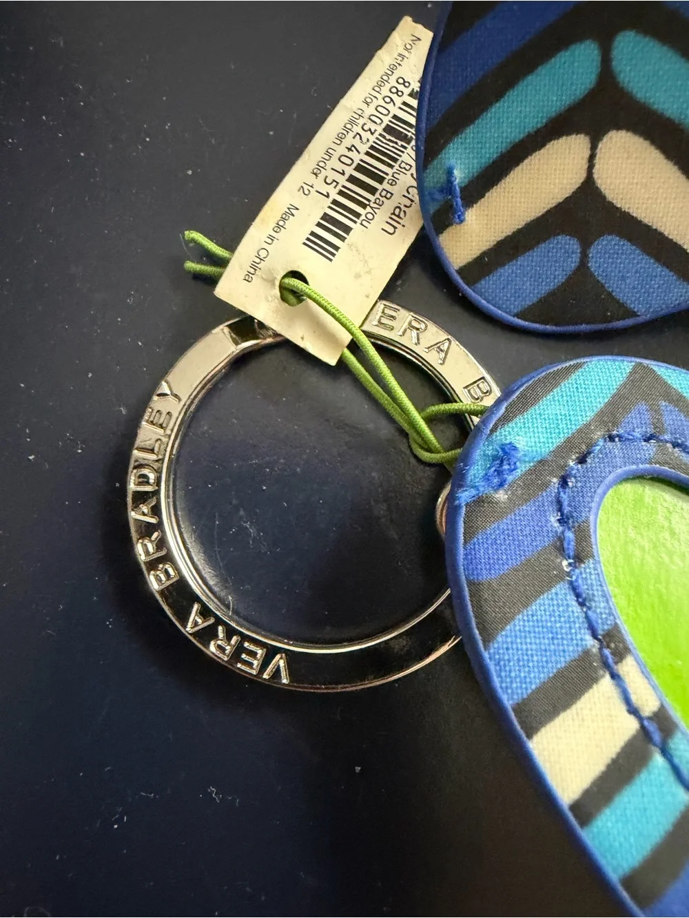 Vera Bradley Blue Floral Heart Key Chain with Black and Cream Accents